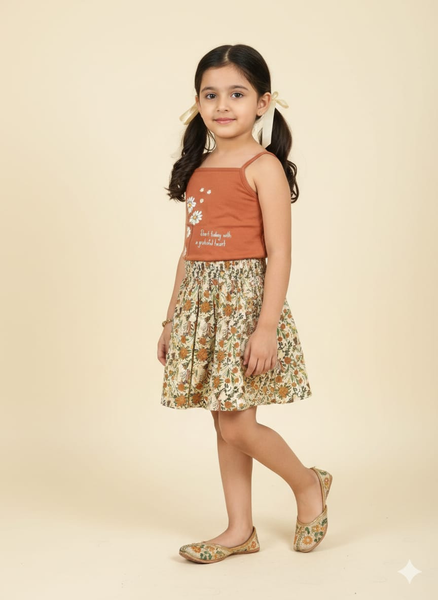 Sun Flower Brown Skirt Suit Girls ( R-529 )