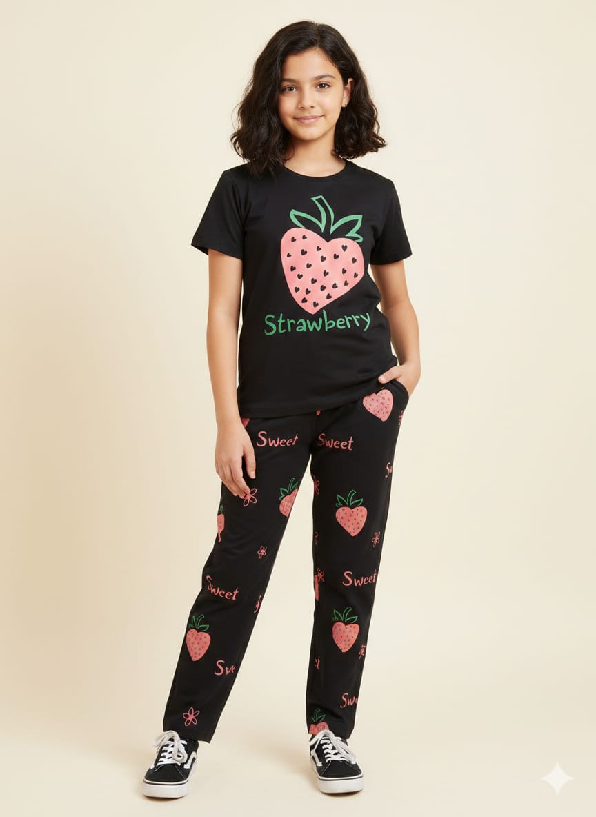Strawberry Black Trouser Shirt Girls ( R-550 )