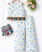 Blue Flower & Leaves Sleeveless White Pairs- Girls ( R-418 )