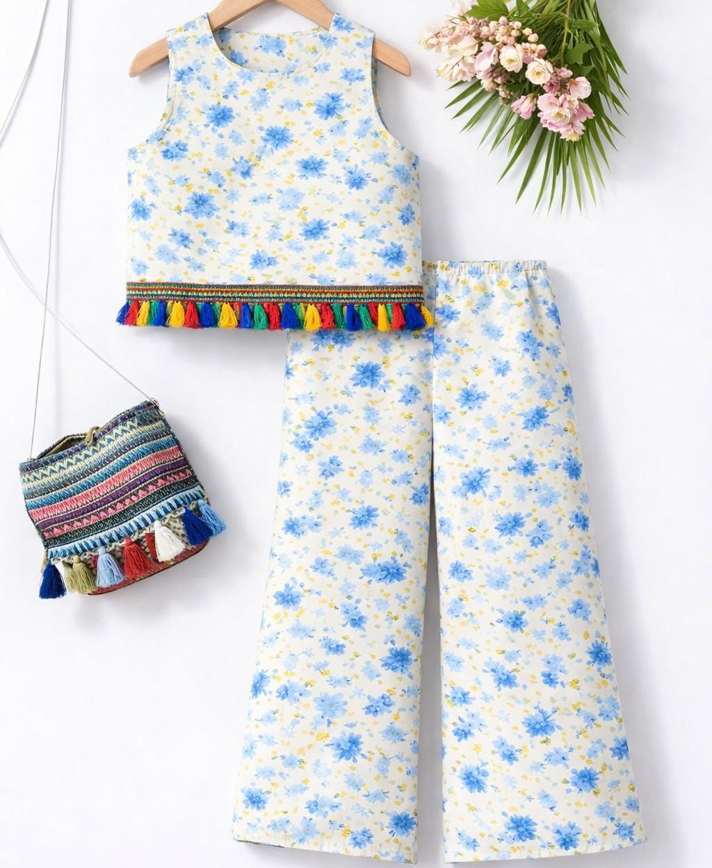 Blue Flower & Leaves Sleeveless White Pairs- Girls ( R-418 )