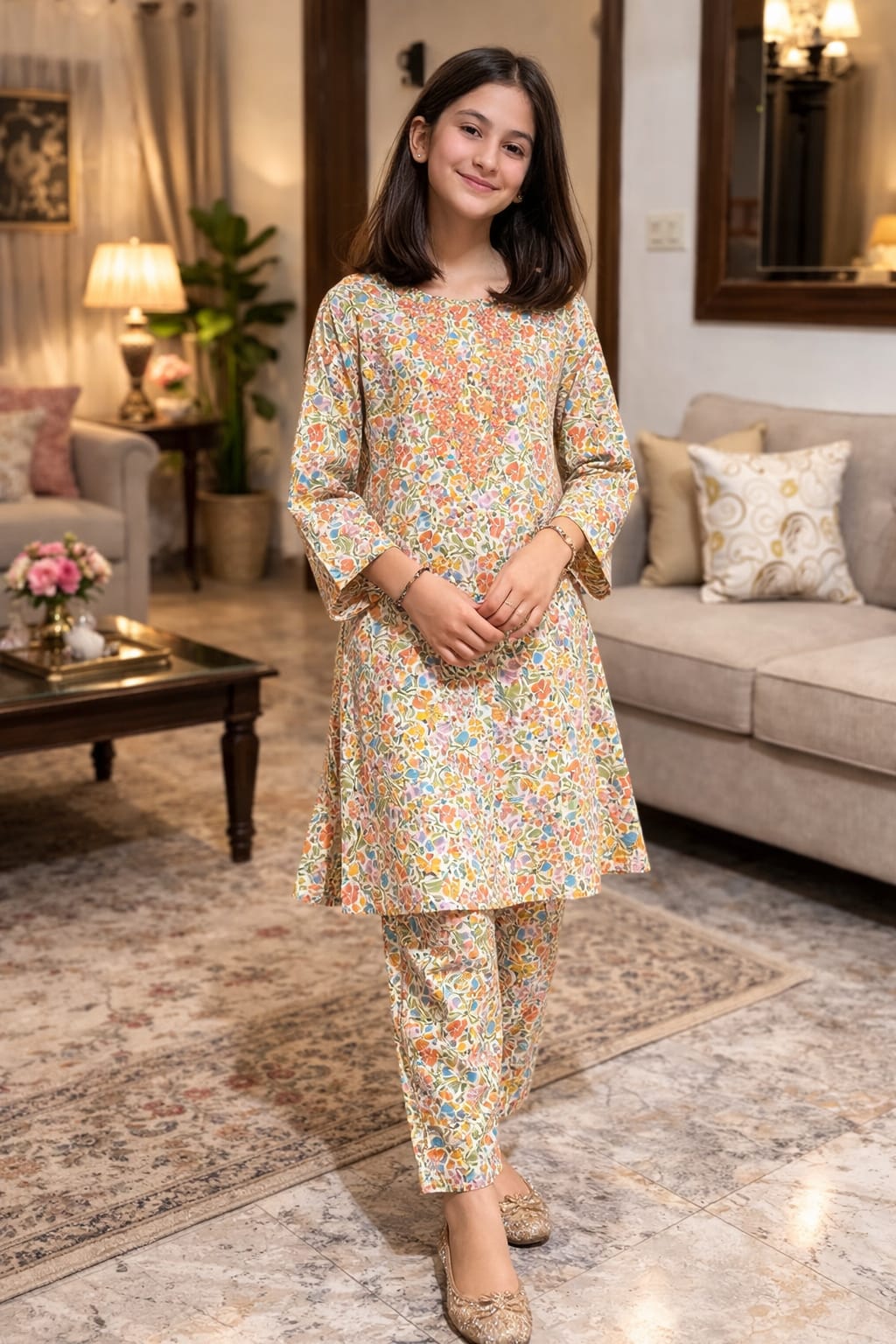 Multi Flower All Over Print White Pairs Girls ( R-256 )