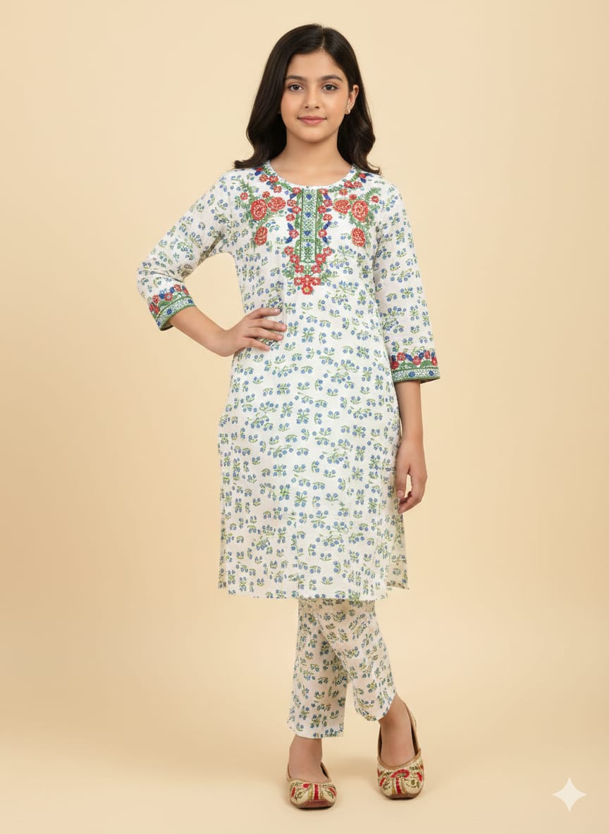 Front & Arms Embroidery Blue Flower White Pairs Girls ( R-375 )