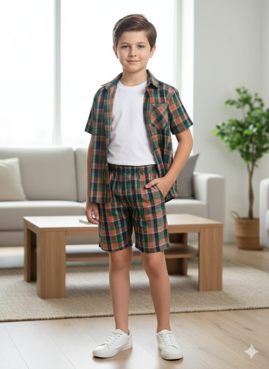 Multi Orange Check Casual Nicker Suit Boys ( R-469 )