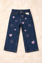Heart Embroidery Dark Blue Jeans Girls