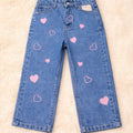 Heart Embroidery Mid Blue Jeans Girls( N )