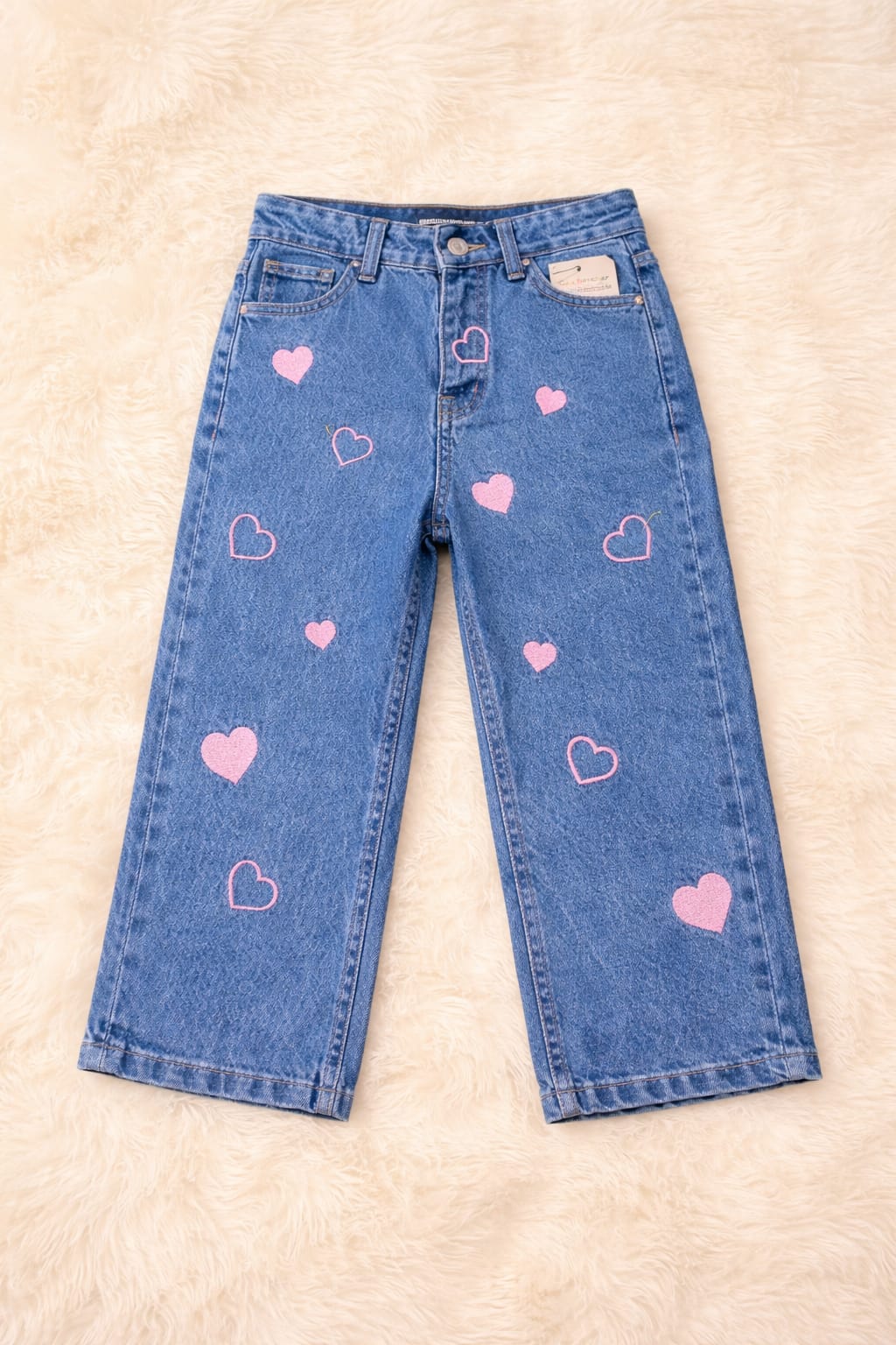 Heart Embroidery Mid Blue Jeans Girls( N )