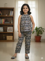 Floral Flower Print  Black Skirt Suit Girls ( R-137 )