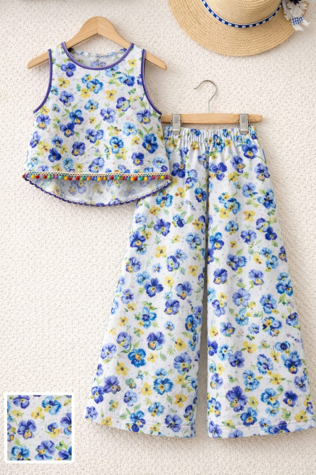 Blue Parrot Flower Sleeveless White Pairs- Girls ( R-500 )