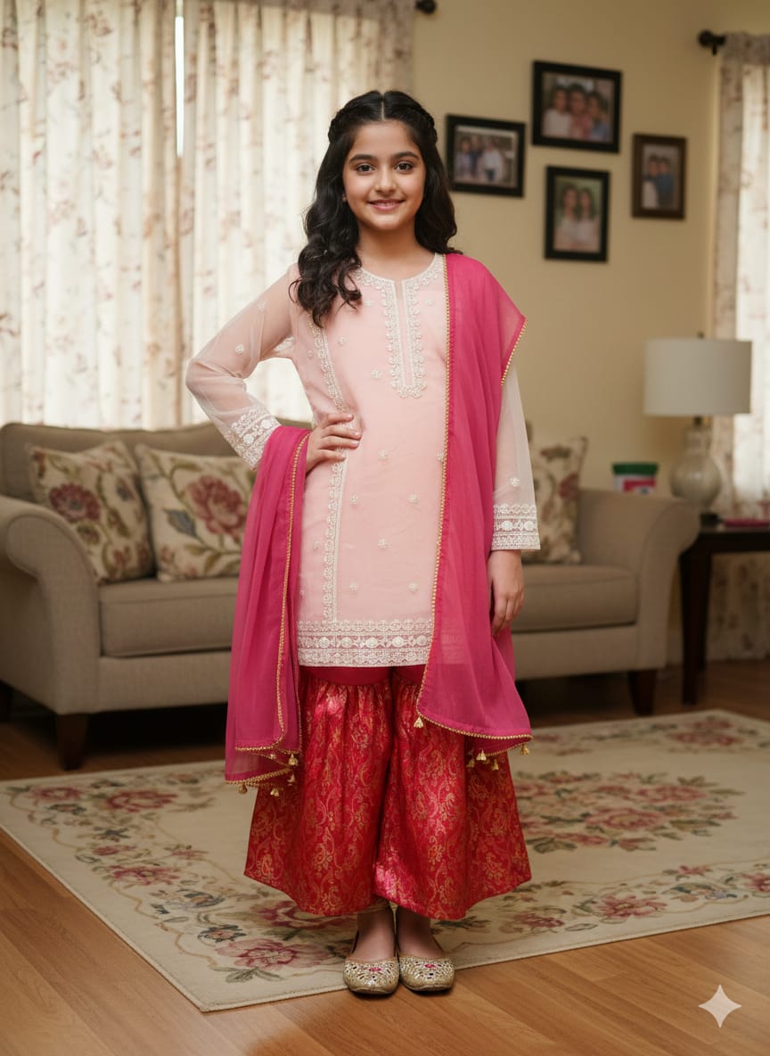 Fancy Peach Gharara 3 Pcs Suit Girls