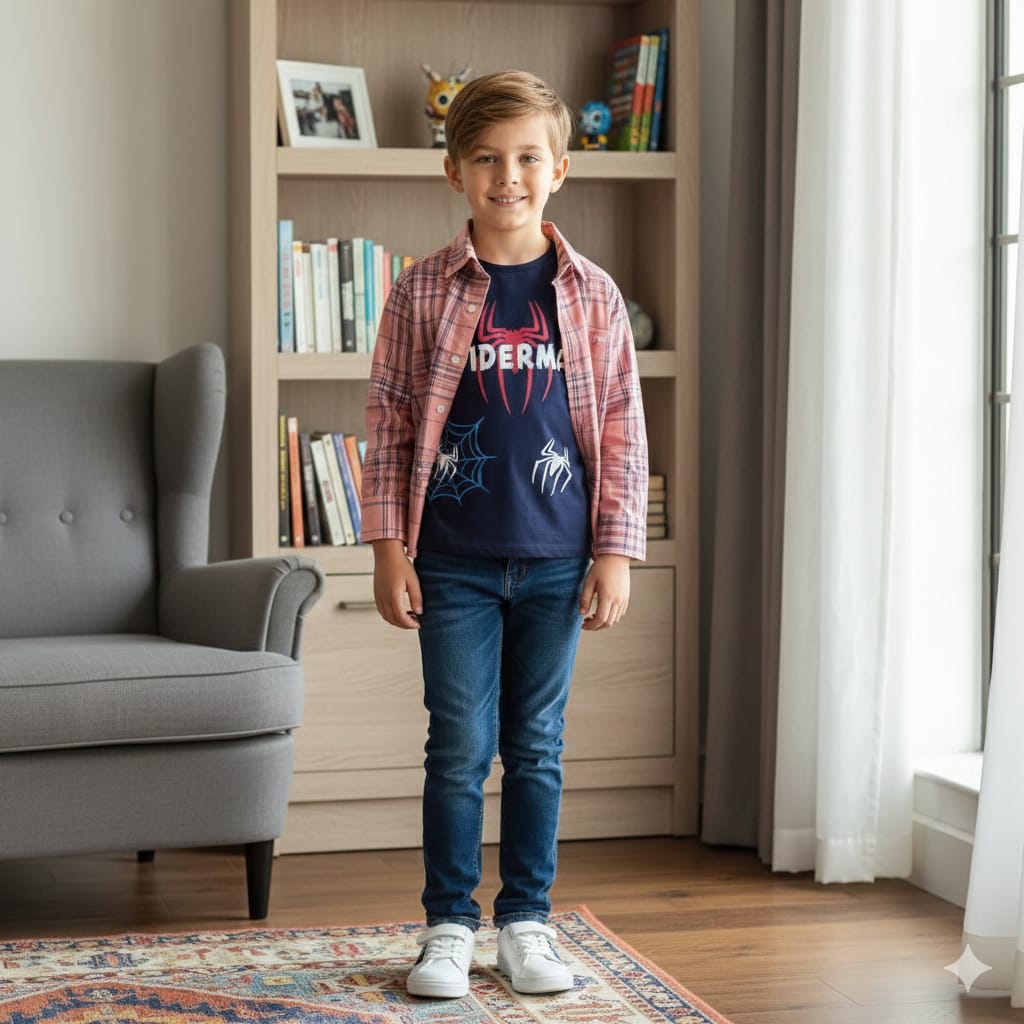 Spiderman Navy Inner Full Sleeve Peach Check D/Casual Shirt ( R-371 )