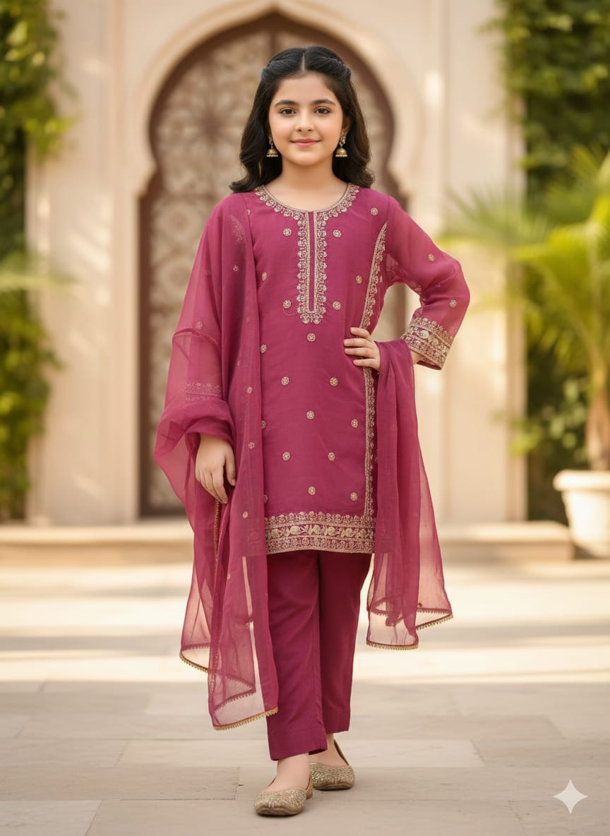 Fancy Dark Pink 3 Pcs Suit Girls