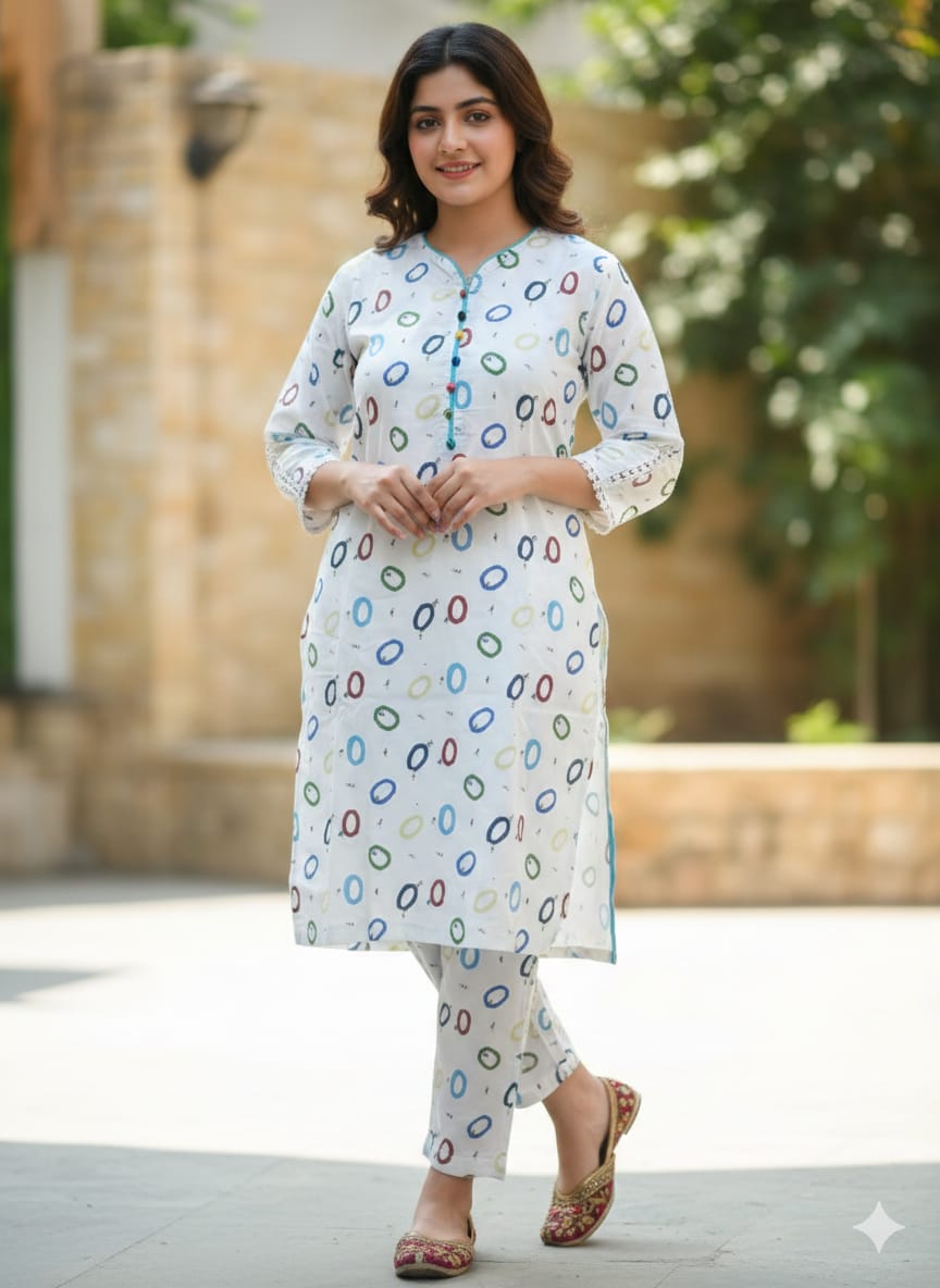 Multi Dots All Over Print White Suit Women ( R-409 )