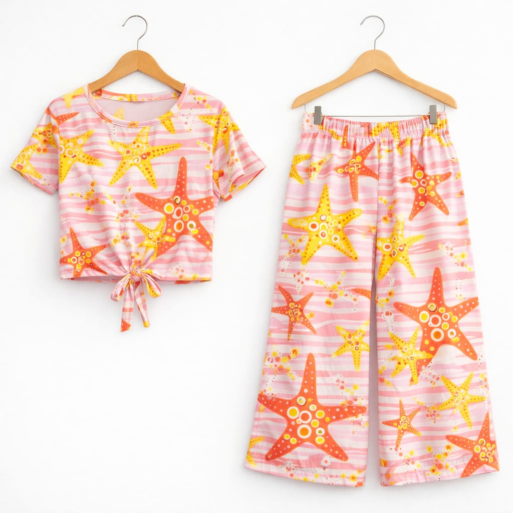 Star Fish Print Half sleeve Cream Skate Fish Girls ( R-40 )