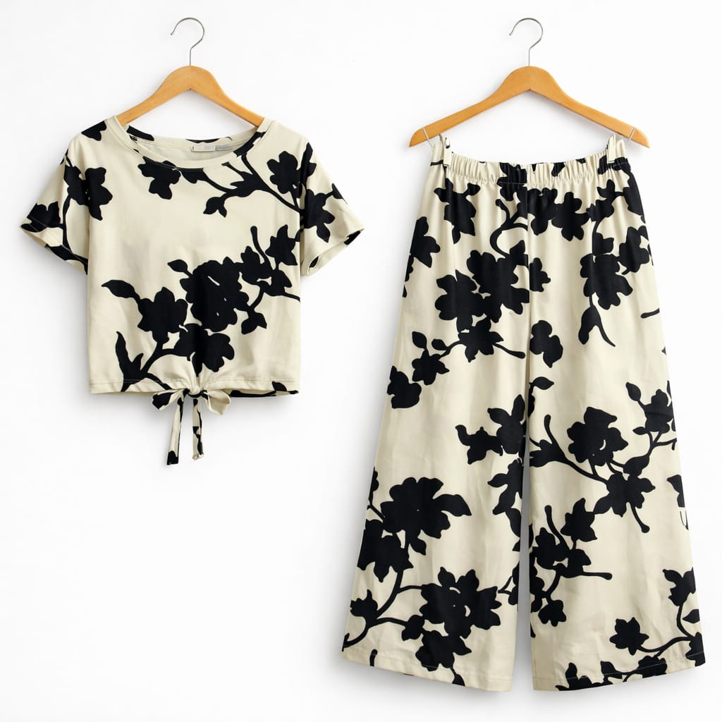 Black Flower Print Half sleeve Cream Skate Fish Girls ( R-182 )