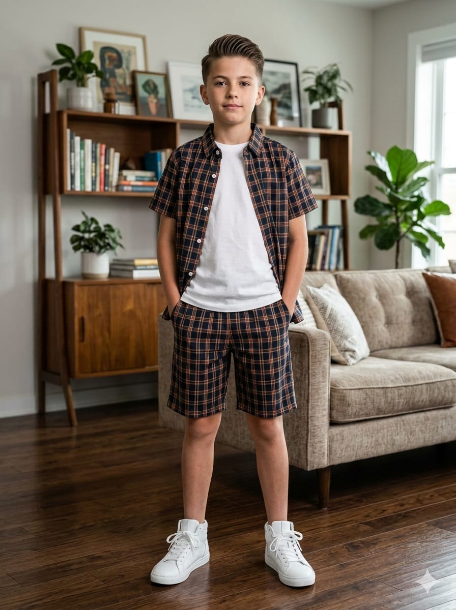 Navy Red Check Casual Nicker suit- Boys( R-478 )