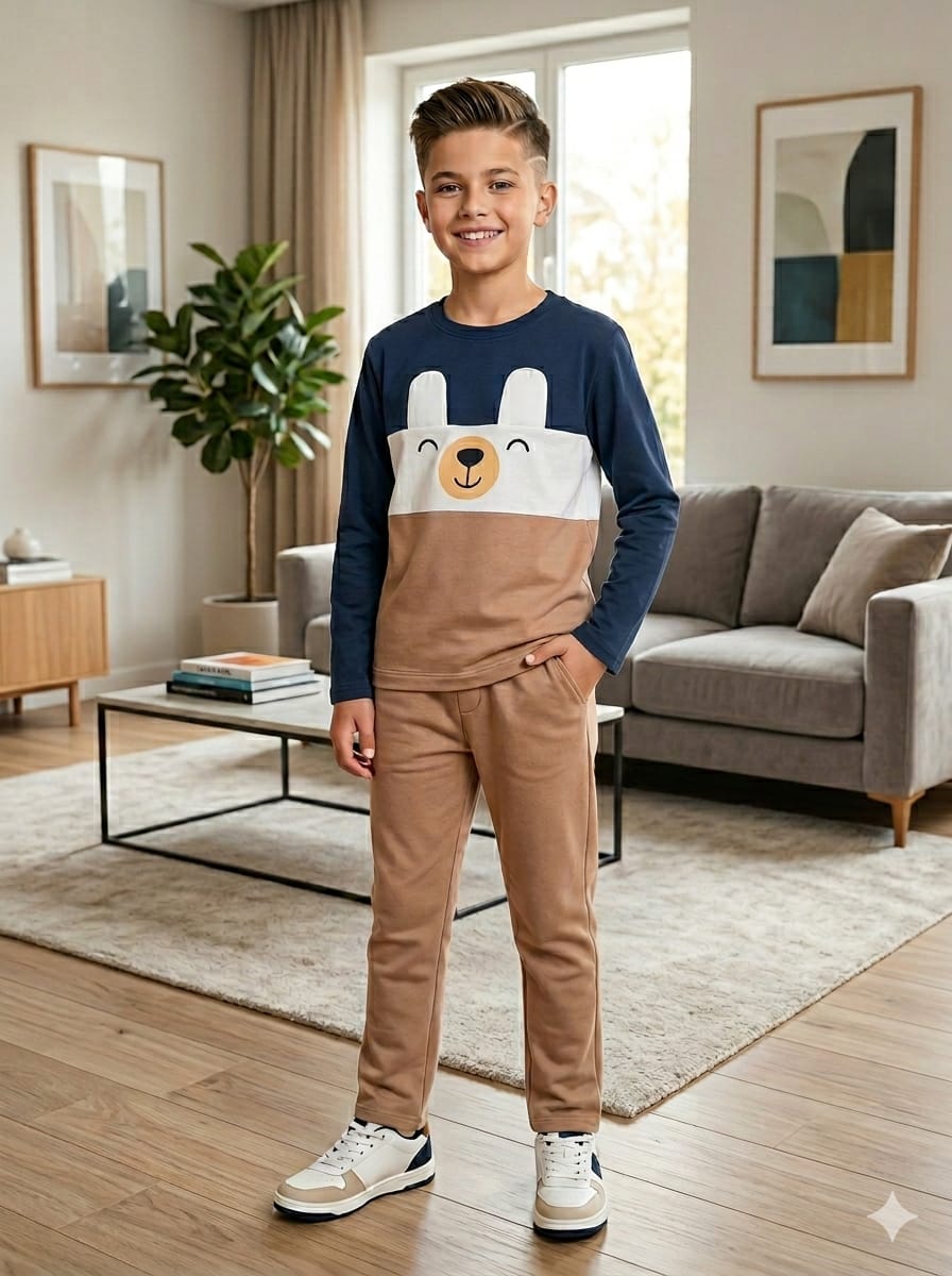 Bear Smile Full Sleeve Brown Trouser Shirt Boys