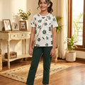 Green Flower All Over Print White Trouser Shirt Girls ( R-463 )