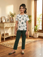 Green Flower All Over Print White Trouser Shirt Girls ( R-463 )