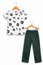 Green Flower All Over Print White Trouser Shirt Girls ( R-463 )