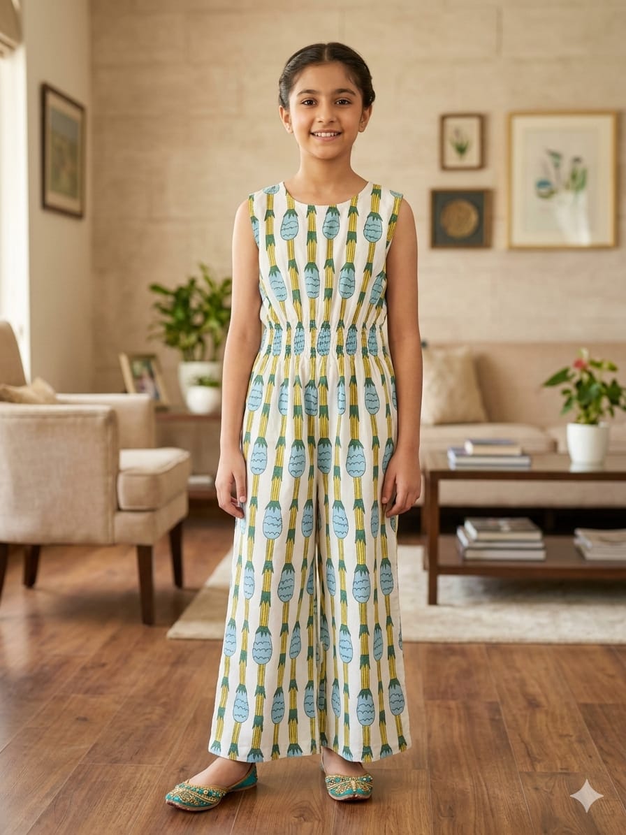 Pineapple Print White Jump Suit Girls ( R-425 )