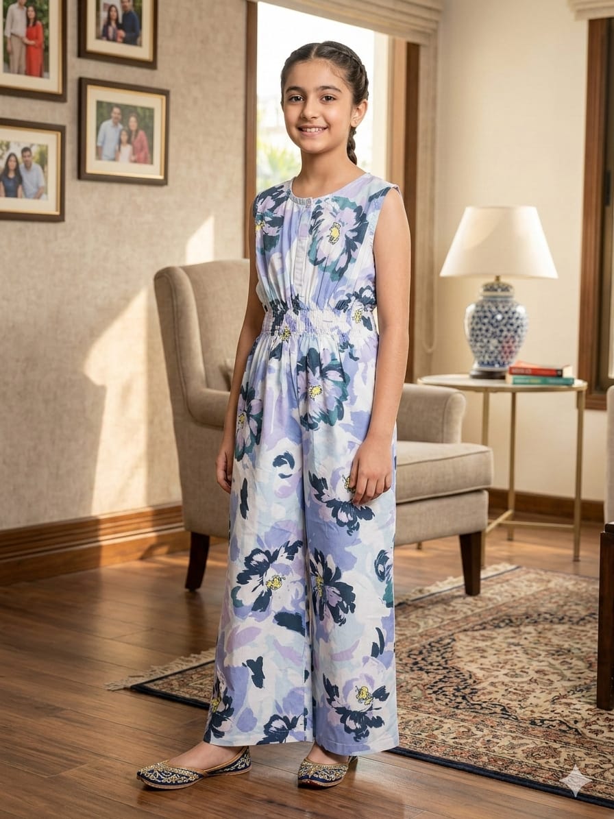 Navy Flower White Jump Suit Girls ( R-425 )