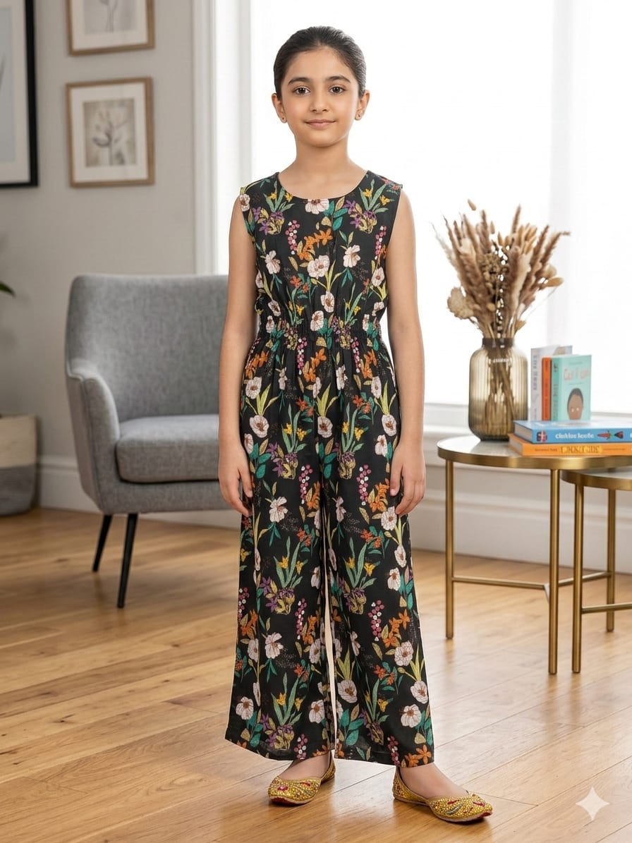 White Orange Flower Black Jump Suit Girls ( R-425 )