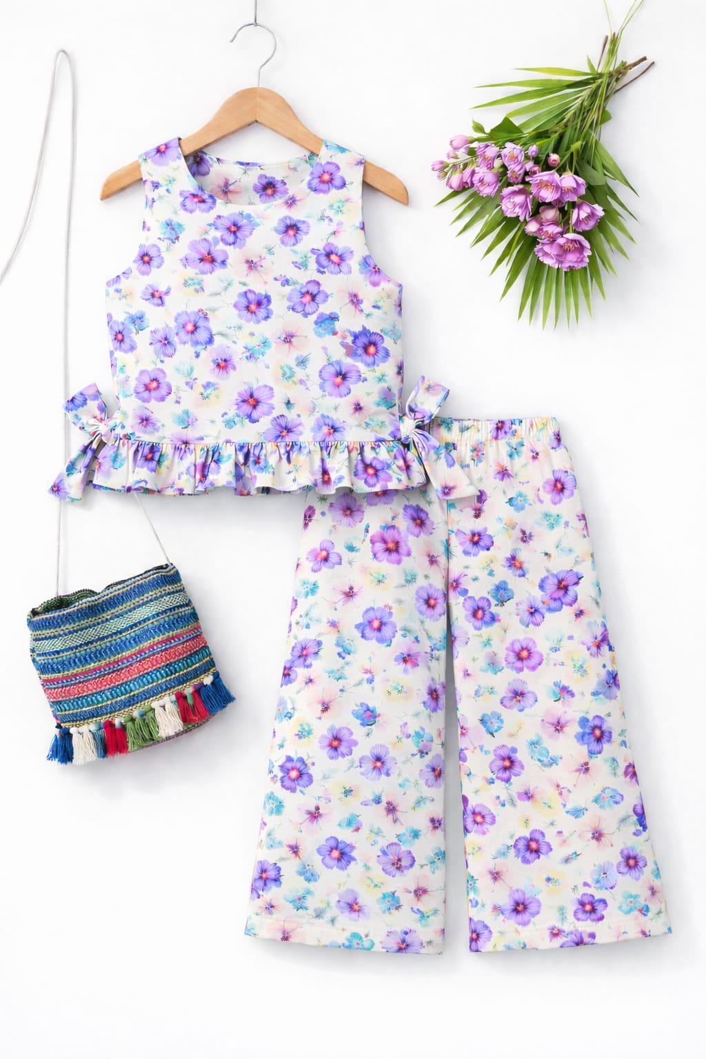 Purple Peach Flower White Frock- Girls ( R-363 )