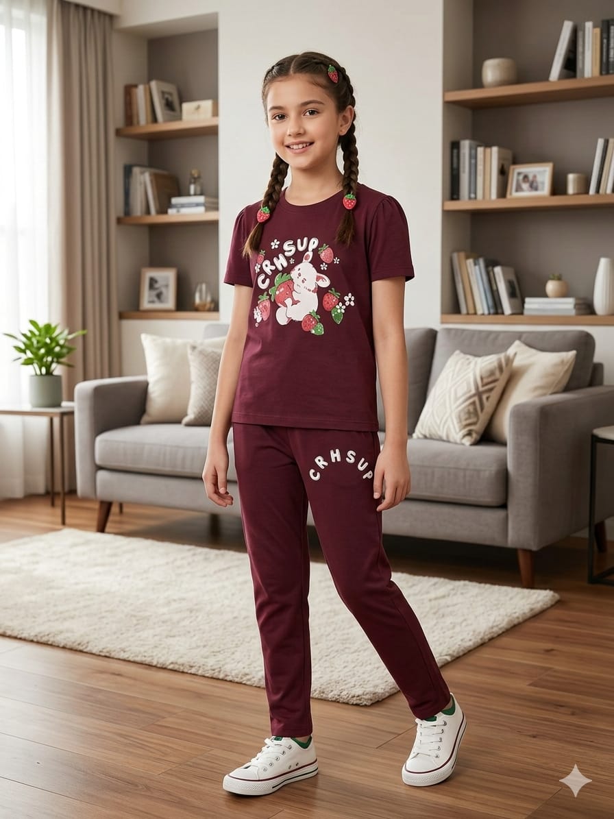 Rabbit With Strawberry Mahroon Trouser Shirt Girls ( R-538 )