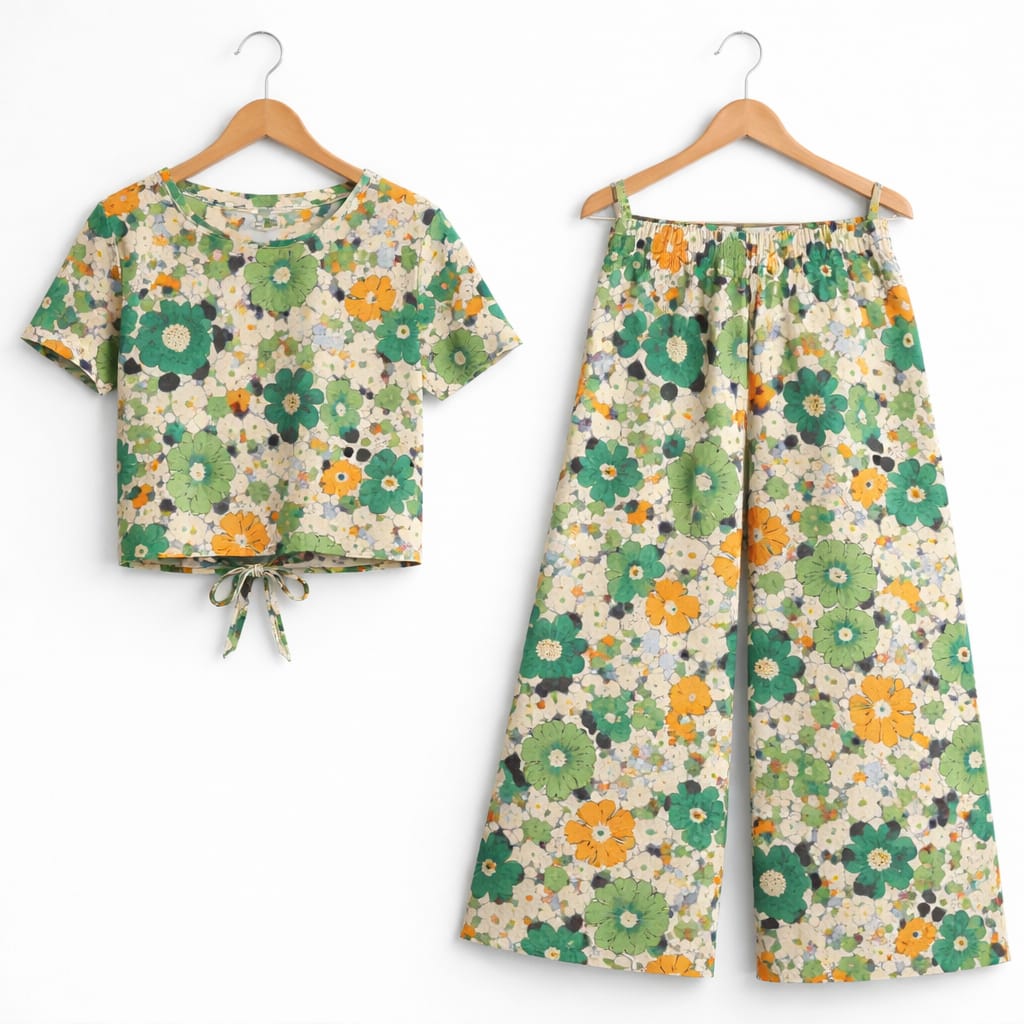 Orange Green Flower Half Sleeve Cream Skate Fish Girls ( R-456 )