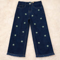 White Embroidery Dark Blue Jeans Girls