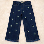 White Embroidery Dark Blue Jeans Girls