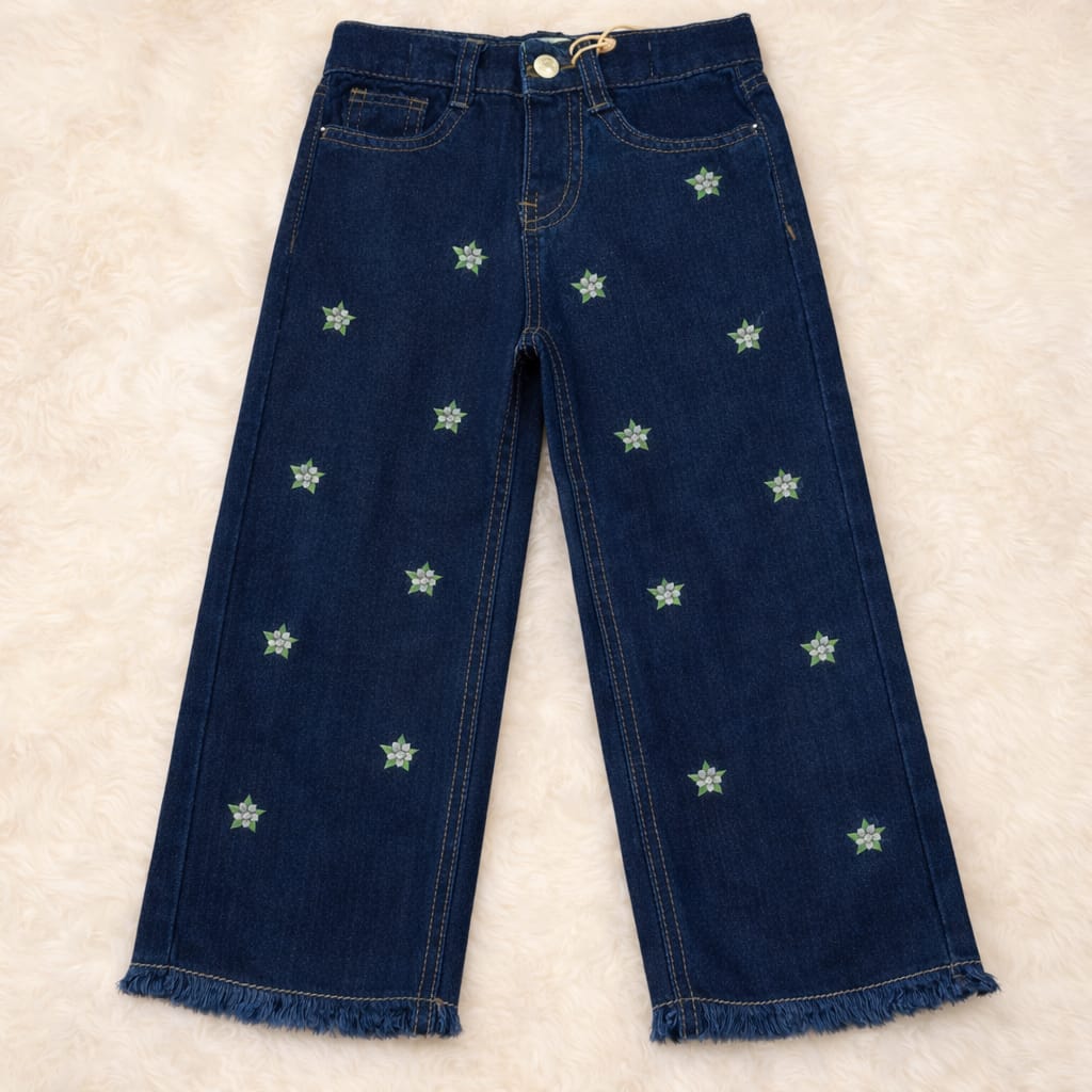 White Embroidery Dark Blue Jeans Girls