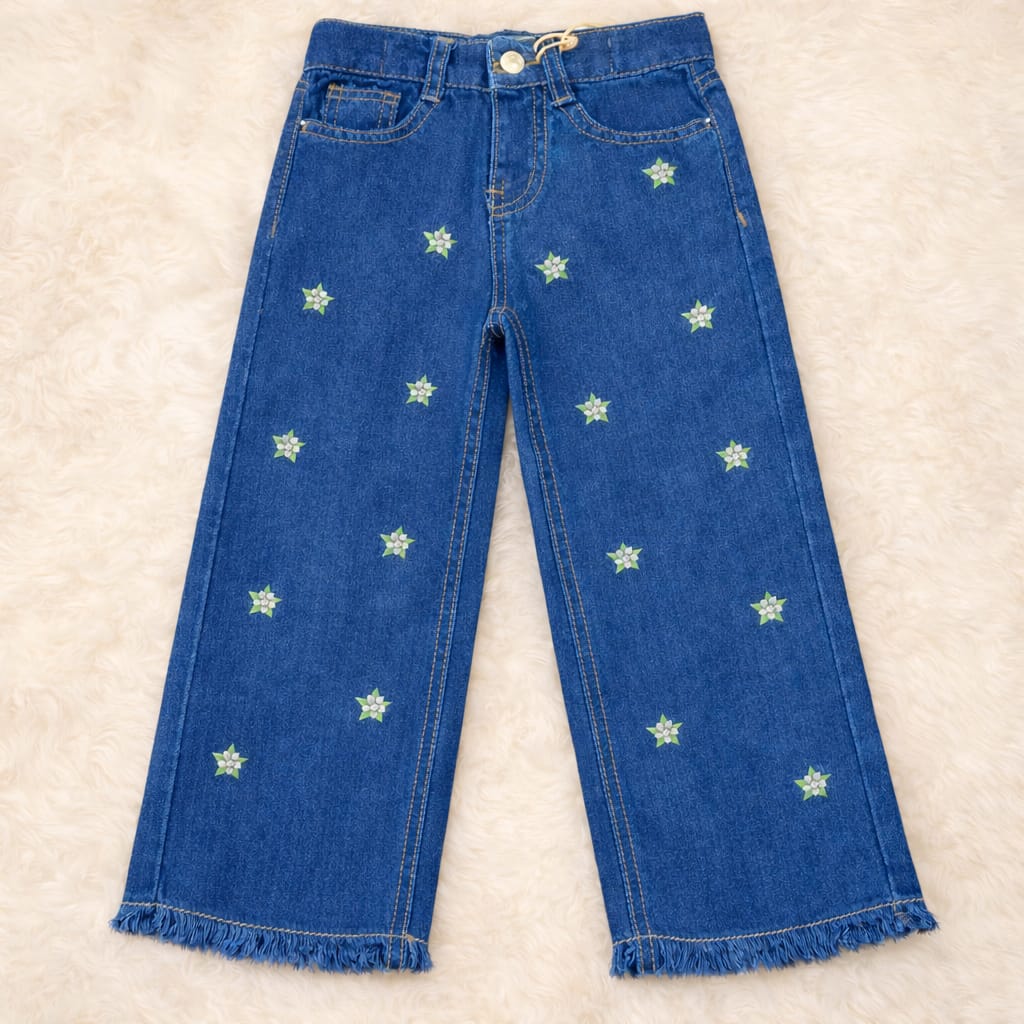 White Embroidery Mid Blue Jeans Girls