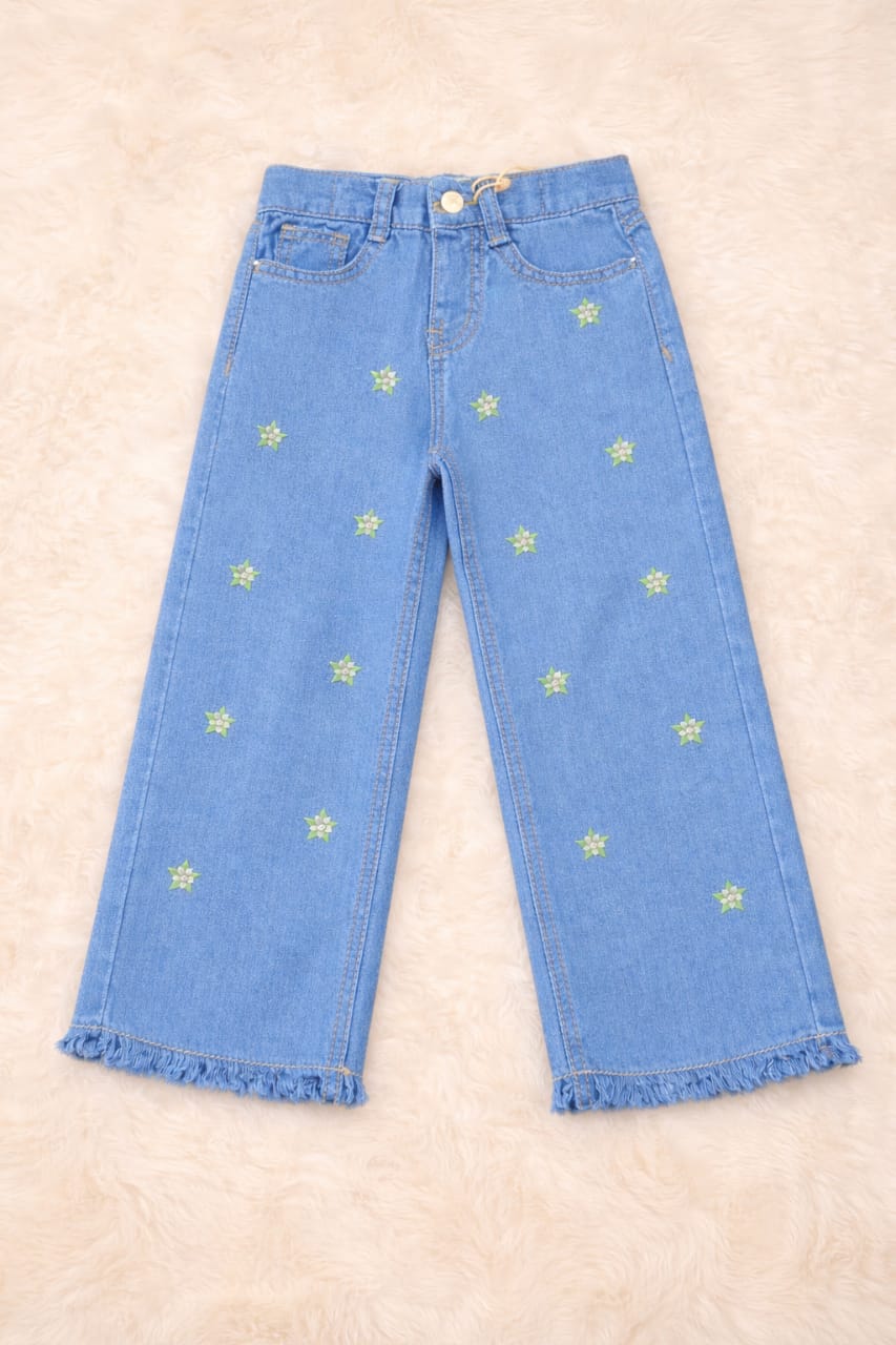 White Embroidery Sky Blue Jeans Girls