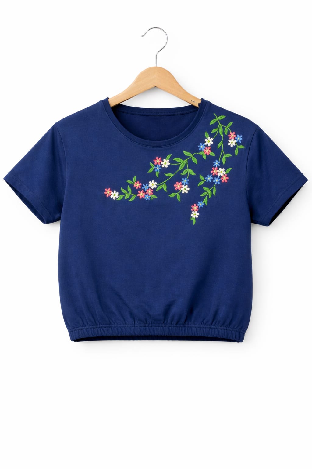 (Short Length)Right Side Embroidery Blue  T-Shirt Girls ( R-412 )