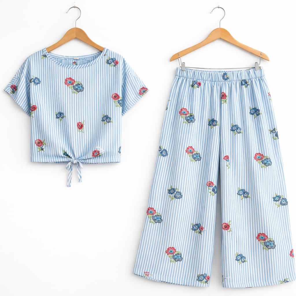 Blue Striper & Flower Print Half sleeve White Skate Fish Girls ( R-548 )