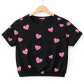 (Short Length) Heart All Over Print Black  T-Shirt Girls ( R-549,341 )