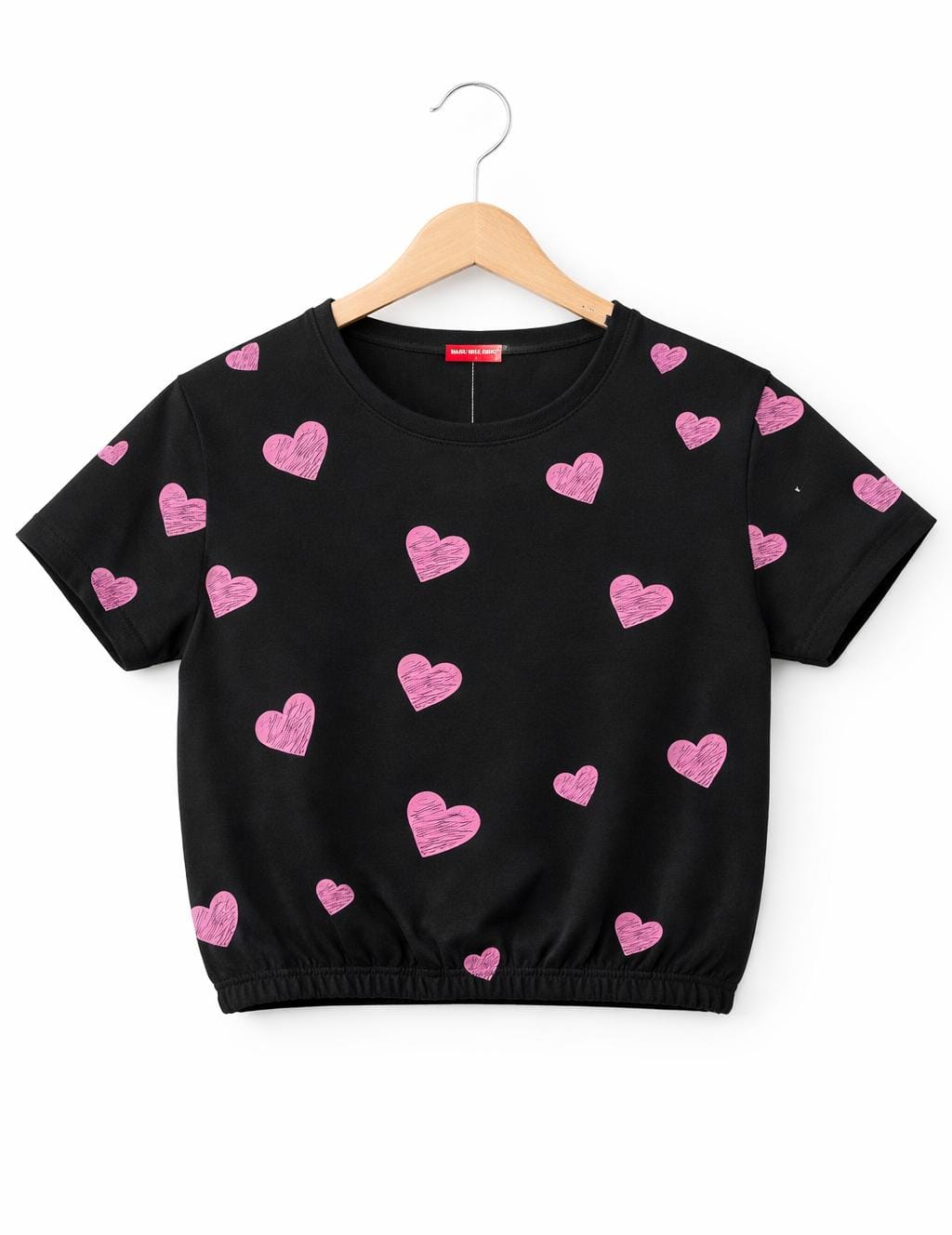 (Short Length) Heart All Over Print Black  T-Shirt Girls ( R-549,341 )