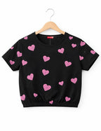 (Short Length) Heart All Over Print Black  T-Shirt Girls ( R-549,341 )