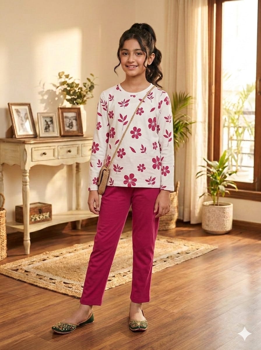Pink Flower All Over Print Pink Trouser Shirt Girls ( R-13,237 )