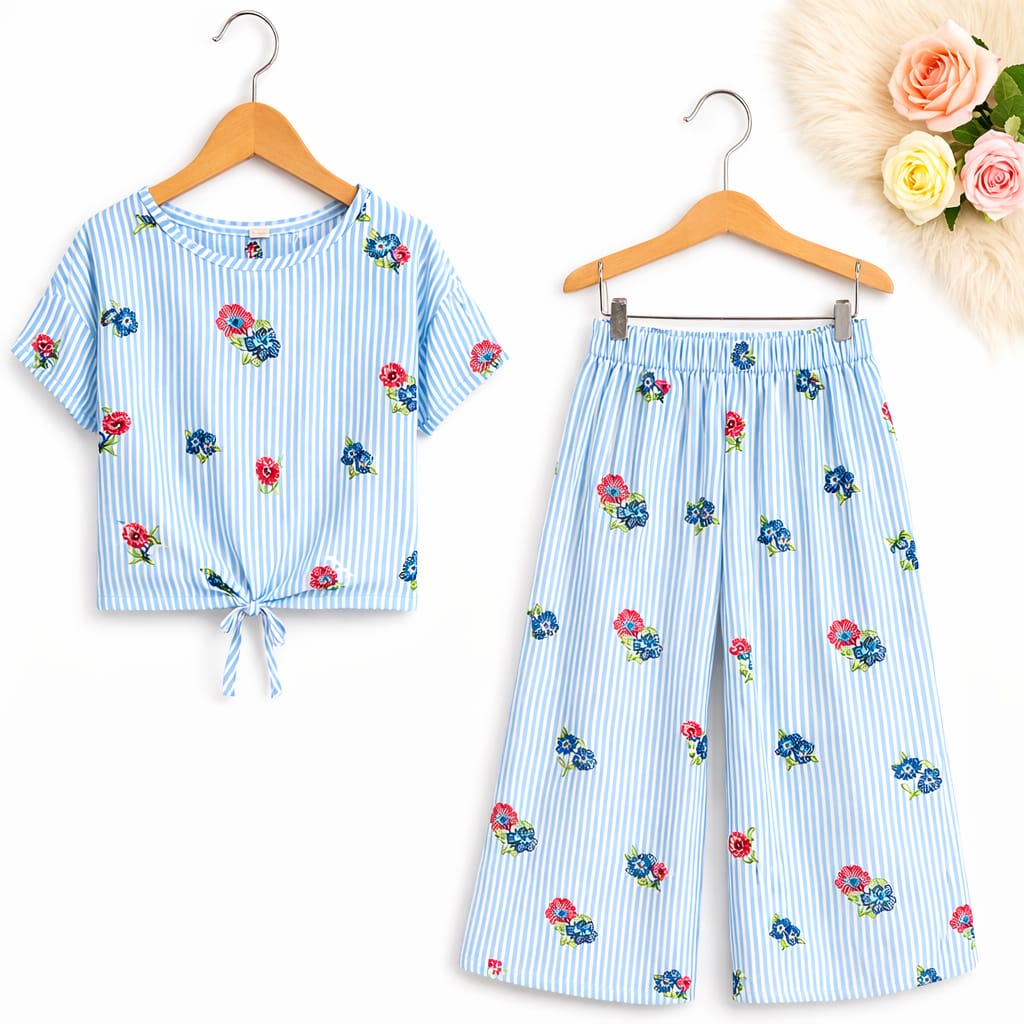 Blue Striper & Flower Print Half sleeve White Skate Fish Girls ( R-548 )