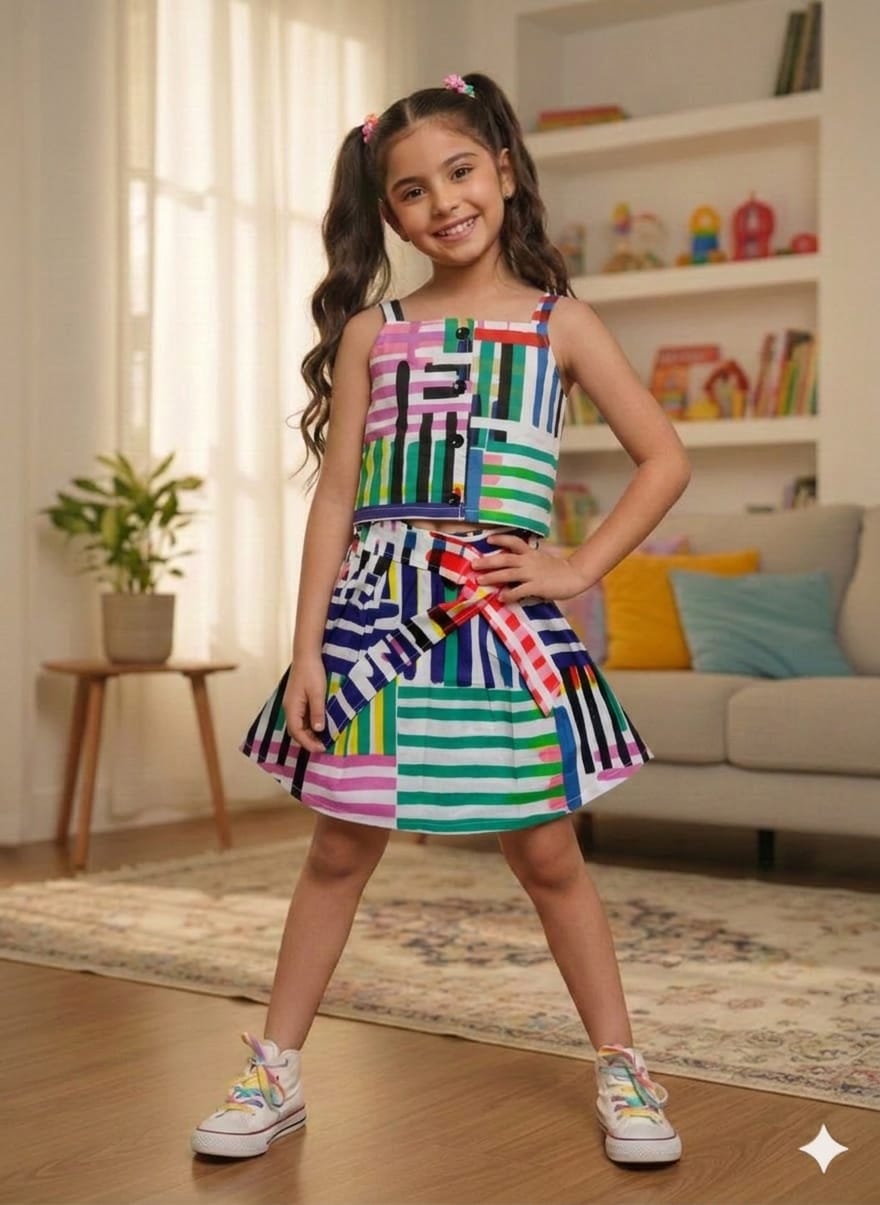 Multi Line White Skirt Suit Girls ( R-173 )