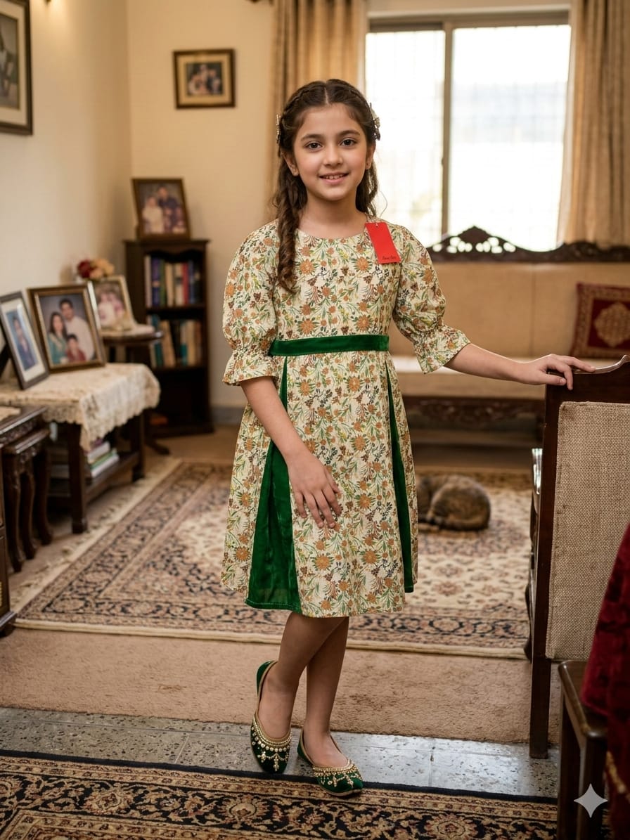 Brown Flower All Over Print Cream Frock Girls