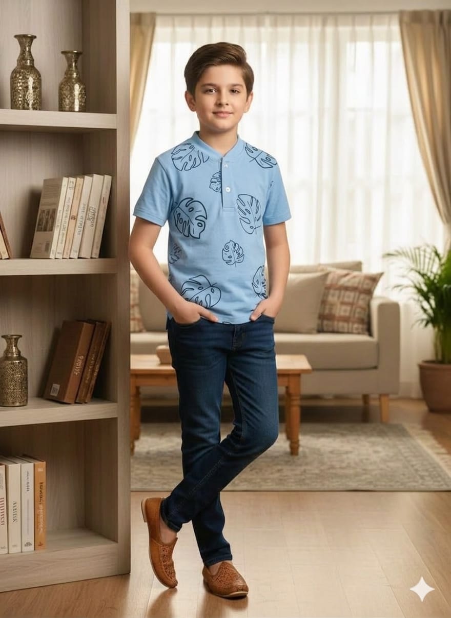Leaves Print Sky Henley Polo Boys