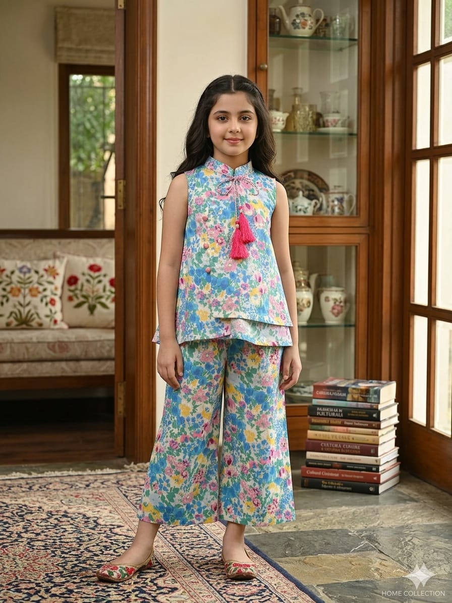 Blue Pink Flower Angrakha Style Cream Pairs Girls