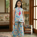 Blue Pink Flower Angrakha Style Cream Pairs Girls ( R-347 )