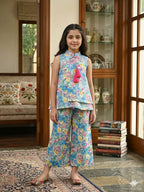 Blue Pink Flower Angrakha Style Cream Pairs Girls ( R-347 )