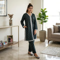 Green Flower Black 2Pcs Suit Women(R-374N)