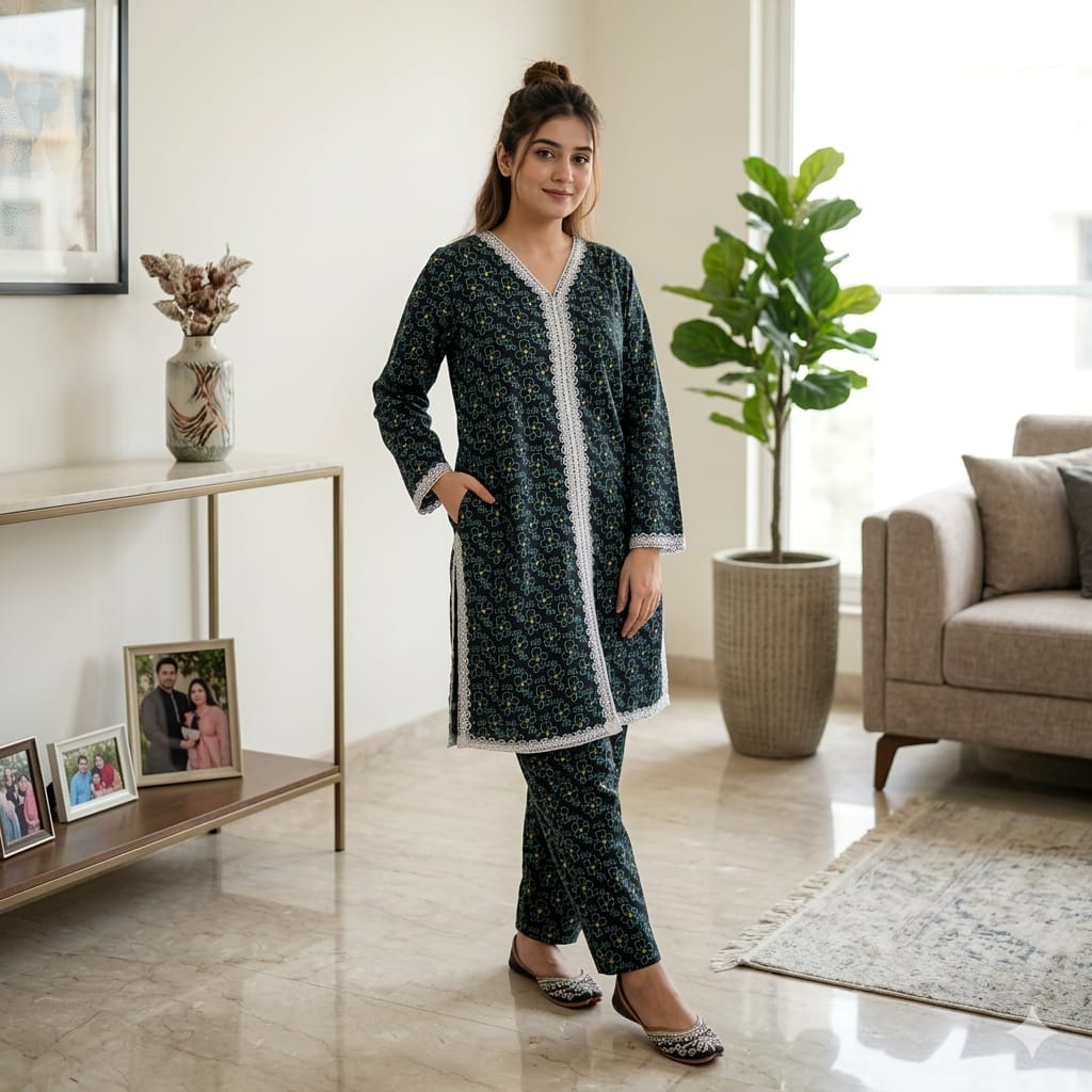 Green Flower Black 2Pcs Suit Women
