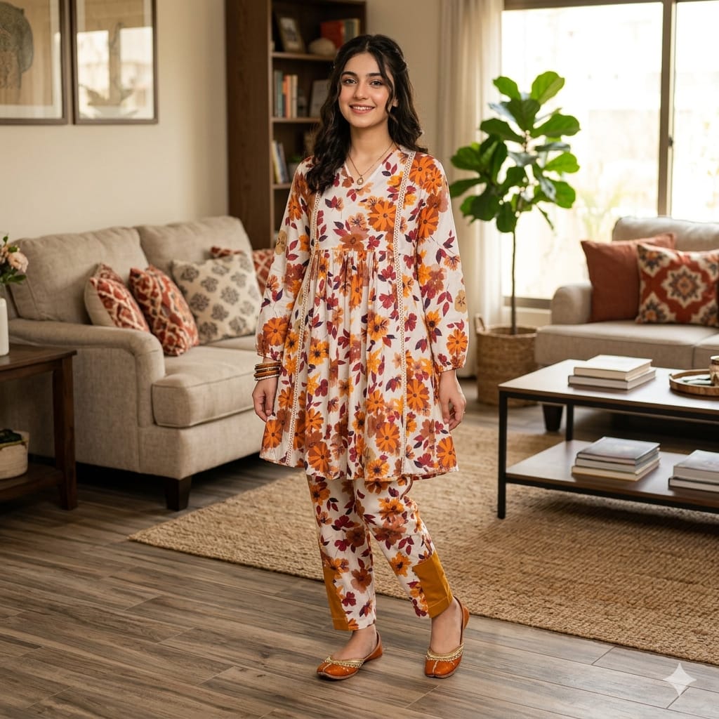 Brown Flower All Over Print Left & Side Lase Cream Suit Women ( R-373N )